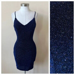 Vintage Y2K spaghetti strap sparkly navy blue bodycon mini dress 680